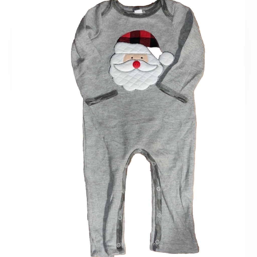Mud Pie Gray Waffle Knit With Santa Appliqu One Piece Snap 9-12 Month Christmas